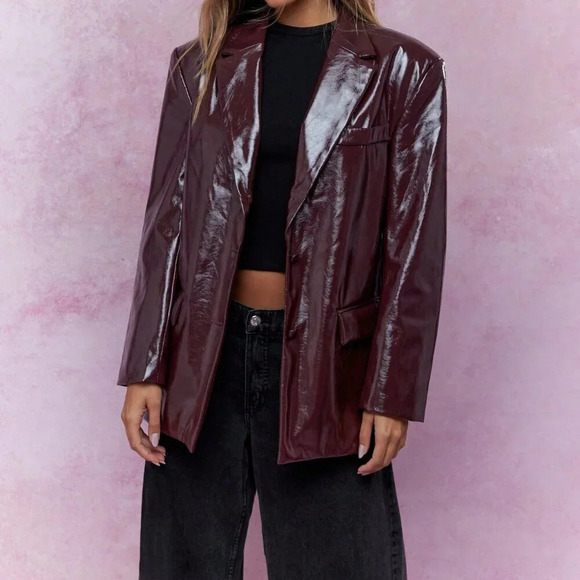 Burgundy Party Women's Shiny Faux Leather Oversized Blazer - Picture 1 of 4